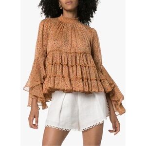 Women’s Small BY TIMO Revolve Floral Tiered Ruffle Sheer Blouse Top